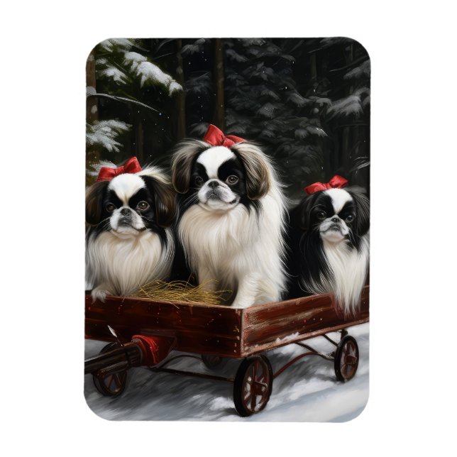 Japanese Chin Snowy Sleigh Christmas Decor Magnet (Vertical)