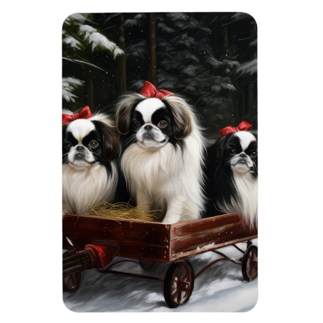Japanese Chin Snowy Sleigh Christmas Decor Magnet (Vertical)