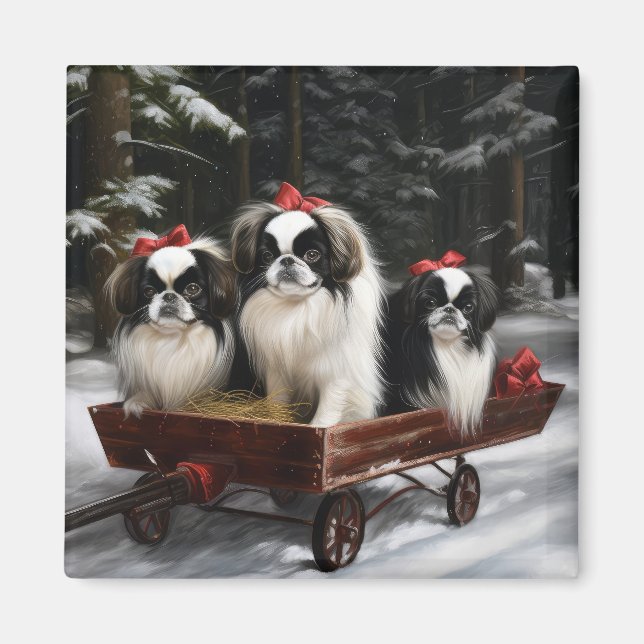 Japanese Chin Snowy Sleigh Christmas Decor Magnet (Front)