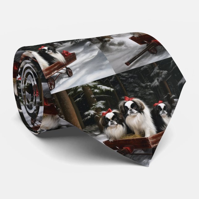 Japanese Chin Snowy Sleigh Christmas Decor Neck Tie (Rolled)