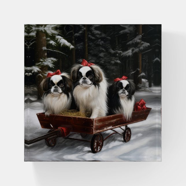 Japanese Chin Snowy Sleigh Christmas Decor Paperweight (Front)