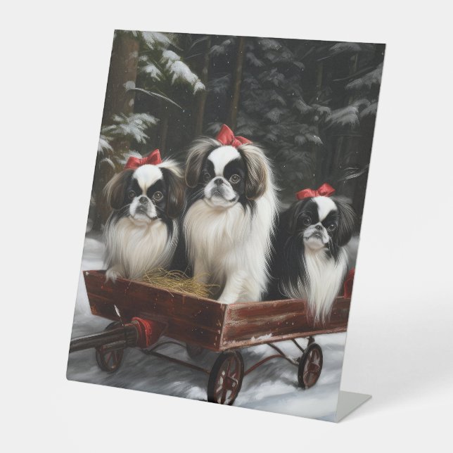 Japanese Chin Snowy Sleigh Christmas Decor Pedestal Sign (Front)