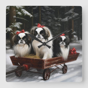 Japanese Chin Snowy Sleigh Christmas Decor Square Wall Clock