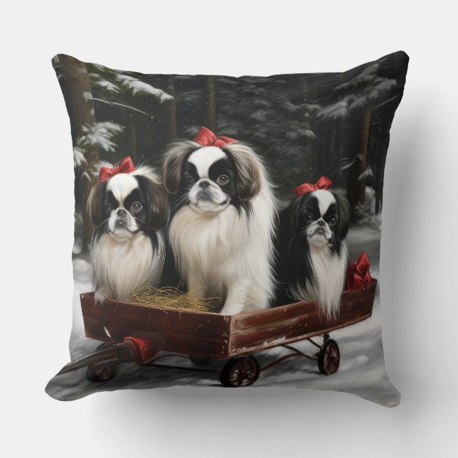 Japanese Chin Snowy Sleigh Christmas Decor Throw Pillow (Front)