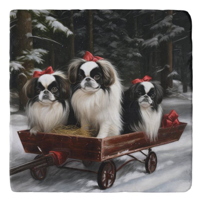 Japanese Chin Snowy Sleigh Christmas Decor Trivet (Front)