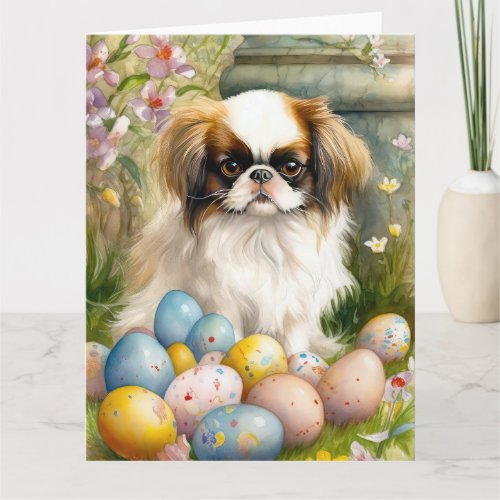 Japanese Chin with Easter Eggs Card