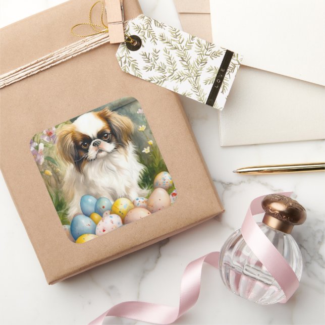 Japanese Chin with Easter Eggs Square Sticker (Gifting)