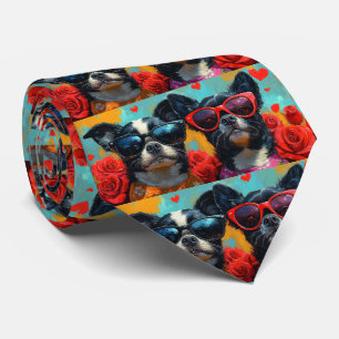 Japanese Chin with Heart Roses Valentine's Day Neck Tie