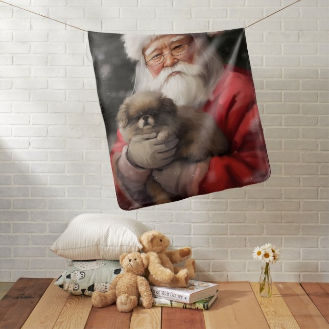 Japanese Chin With Santa Claus Festive Christmas Baby Blanket (In Situ)