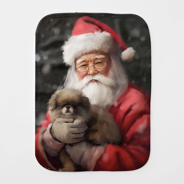Japanese Chin With Santa Claus Festive Christmas Baby Burp Cloth (Front)