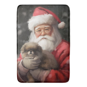 Japanese Chin With Santa Claus Festive Christmas Bath Mat