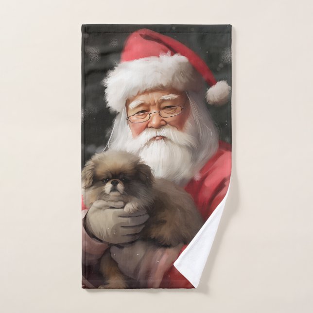 Japanese Chin With Santa Claus Festive Christmas Bath Towel Set (Hand Towel)