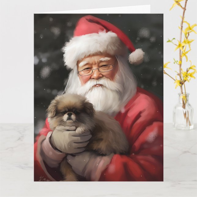 Japanese Chin With Santa Claus Festive Christmas Card (Yellow Flower)