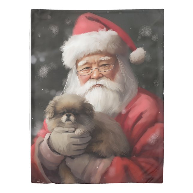 Japanese Chin With Santa Claus Festive Christmas Duvet Cover (Front)