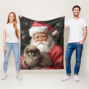 Japanese Chin With Santa Claus Festive Christmas Fleece Blanket