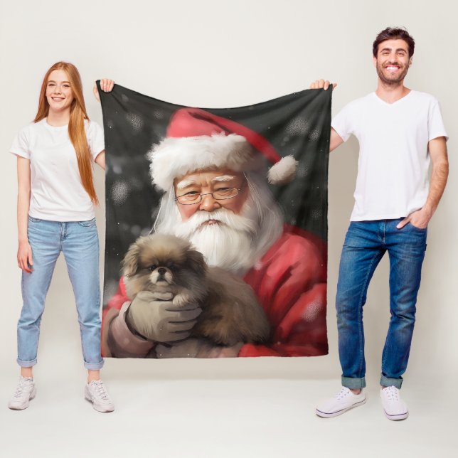 Japanese Chin With Santa Claus Festive Christmas Fleece Blanket (In Situ)