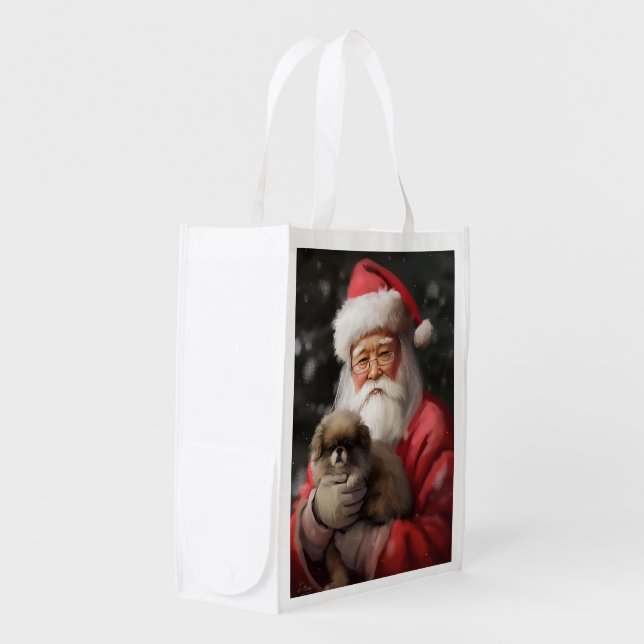 Japanese Chin With Santa Claus Festive Christmas Grocery Bag (Front Side)