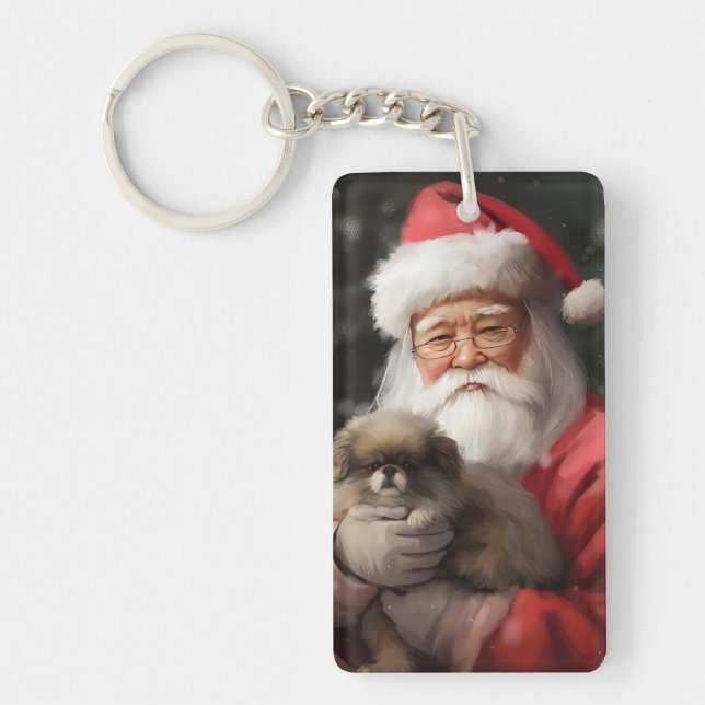 Japanese Chin With Santa Claus Festive Christmas Keychain (Front)