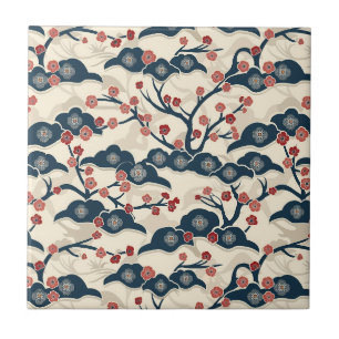 Japanese Chiyogami Ume Red Coral Indigo Cream Ceramic Tile