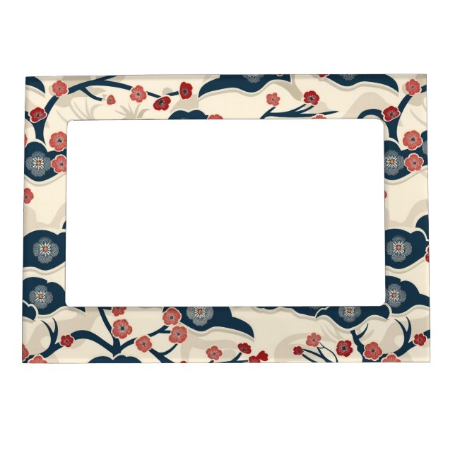 Japanese Chiyogami Ume Red Coral Indigo Cream Magnetic Frame (Front)