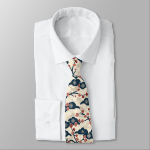 Japanese Chiyogami Ume Red Coral Indigo Cream Neck Tie
