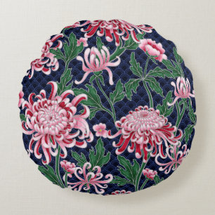 Japanese Chrysanthemum Peonies Vintage Pattern Round Pillow