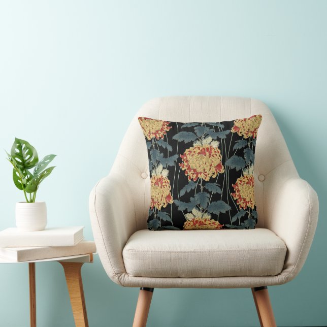 Japanese Chrysanthemum Wallpaper Asian Accent Throw Pillow (Chair)