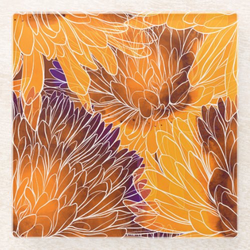 Japanese Chrysanthemum Watercolor Seamless Patter Glass Coaster