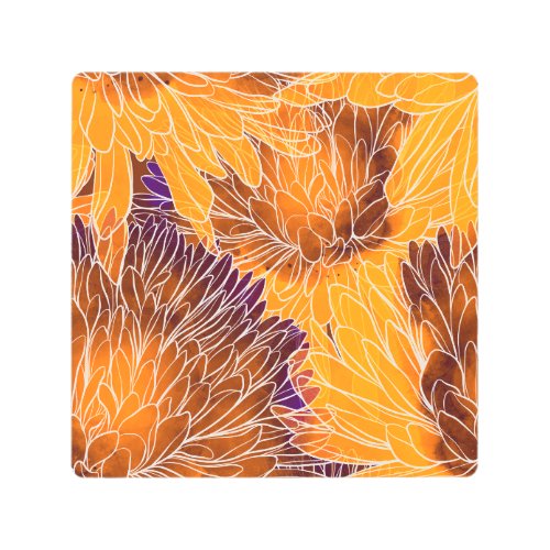 Japanese Chrysanthemum Watercolor Seamless Patter Metal Print