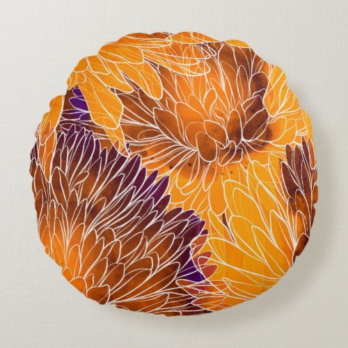 Japanese Chrysanthemum Watercolor Seamless Patter Round Pillow