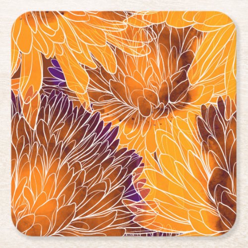 Japanese Chrysanthemum Watercolor Seamless Patter Square Paper Coaster