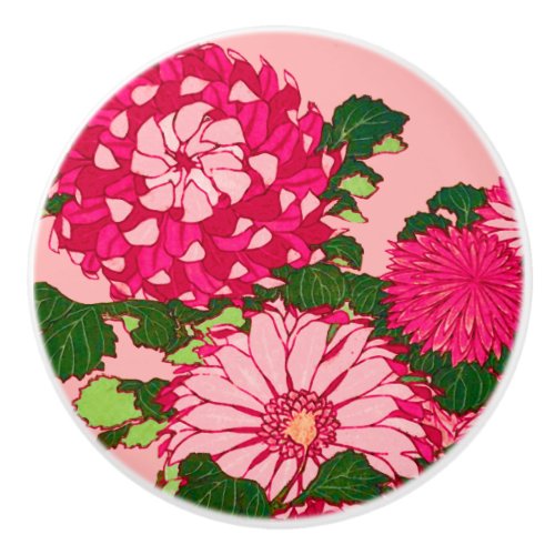 Japanese Chrysanthemums Fuchsia and Coral Pink Ceramic Knob