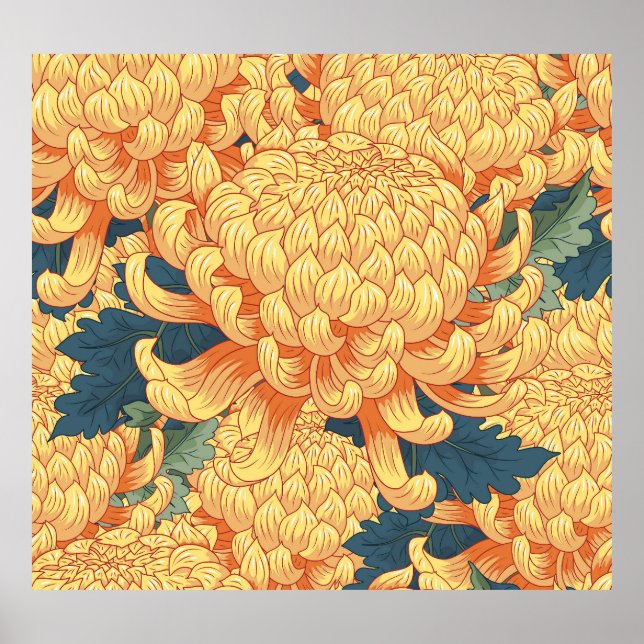 Japanese chrysanthemums: yellow floral pattern. poster (Front)
