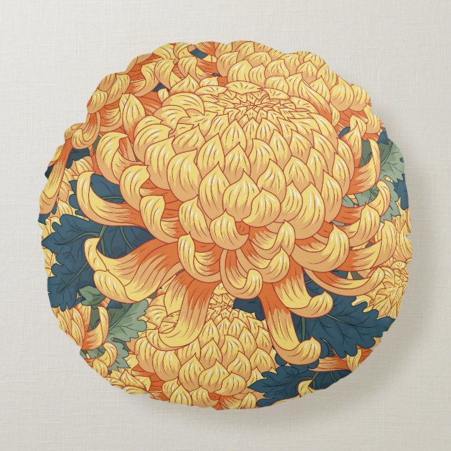Japanese chrysanthemums: yellow floral pattern. round pillow (Front)