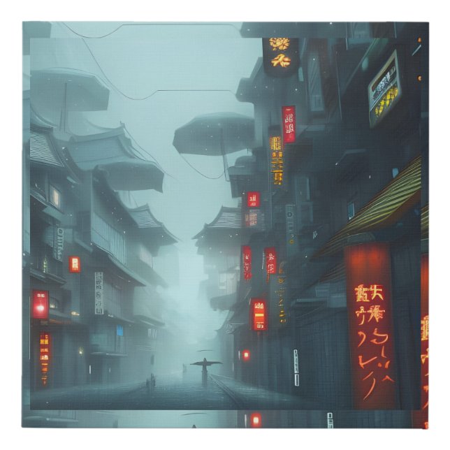Japanese city painting faux canvas print (Front)