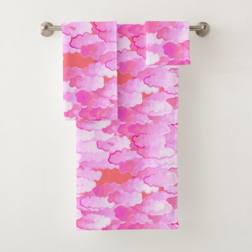 Japanese Clouds Dawn Orchid Pink and Coral Bath Towel Set