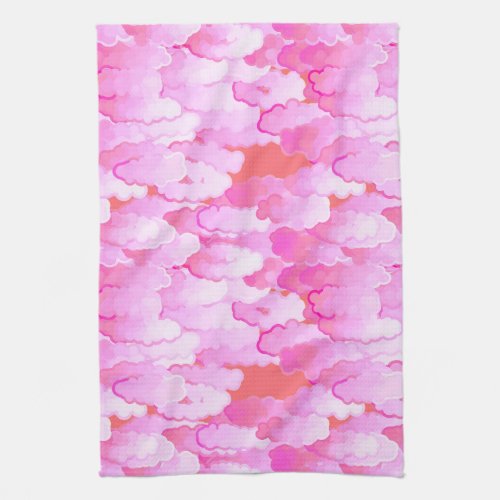 Japanese Clouds Dawn Orchid Pink and Coral Kitchen Towel