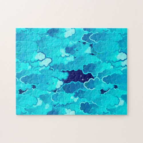Japanese Clouds Evening Sky Turquoise and Indigo Jigsaw Puzzle