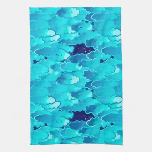 Japanese Clouds Evening Sky Turquoise and Indigo Kitchen Towel