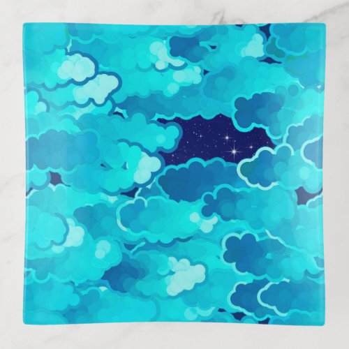 Japanese Clouds Evening Sky Turquoise and Indigo Trinket Tray