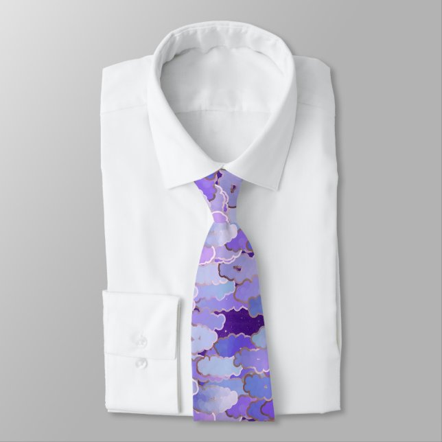 Japanese Clouds, Twilight, Violet and Deep Purple Neck Tie (Tied)