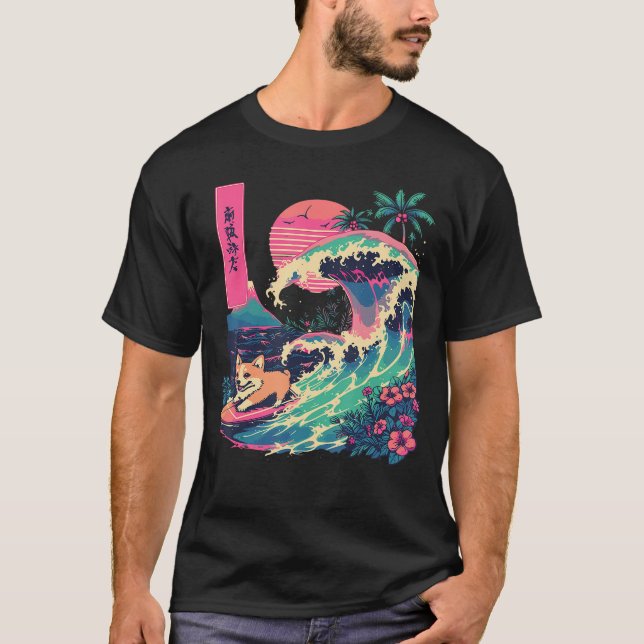Japanese Corgi Surfing Great Wave Japan gift T-Shirt (Front)