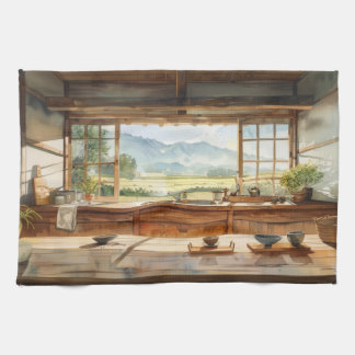 Japanese Countryside Kitchen with Rice Field View Kitchen Towel