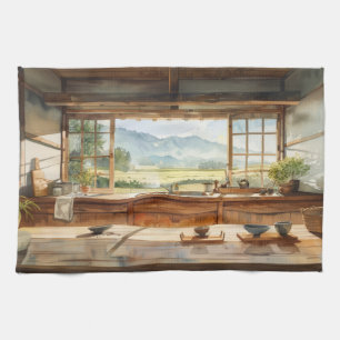 Japanese Countryside Kitchen with Rice Field View  Towel