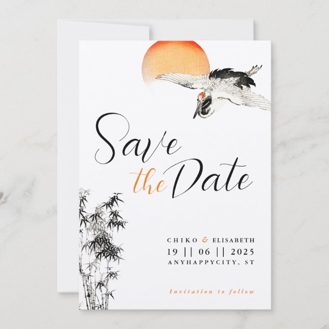 Japanese Crane and Bamboo Wedding Save the Date (Front)