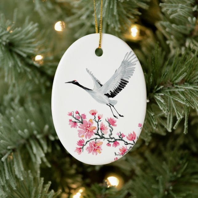 Japanese Crane and Cherry Blossom Christmas Ceramic Ornament (Tree)