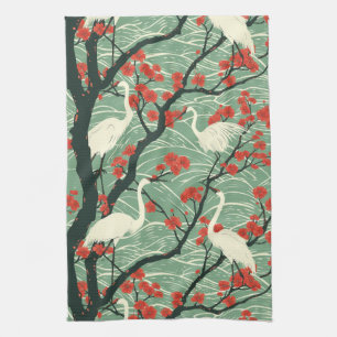 Japanese Crane and Cherry Blossom - Oriental Art Kitchen Towel