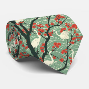Japanese Crane and Cherry Blossom - Oriental Art Neck Tie