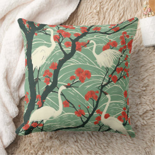 Japanese Crane and Cherry Blossom - Oriental Art Throw Pillow