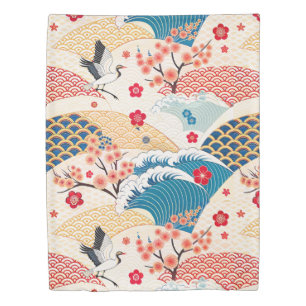 Japanese Crane and Cherry Blossom Waves Duvet Cover